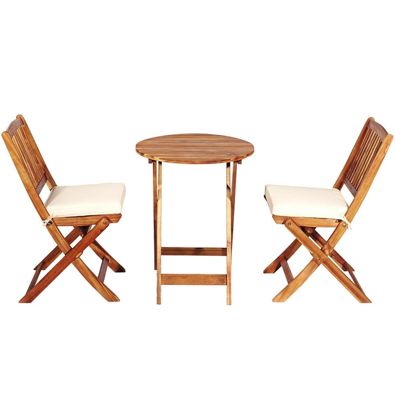 Pemberly Row 3PCS Patio Folding Bistro Set Cushioned Chair Conversation Cream