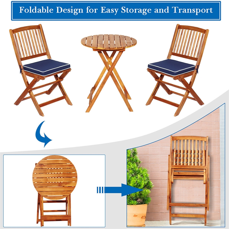 Pemberly Row 3PCS Patio Folding Bistro Set Cushioned Chair Conversation Blue