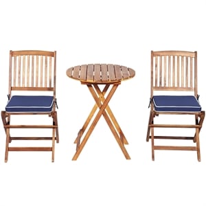 Pemberly Row 3PCS Patio Folding Bistro Set Cushioned Chair Conversation Blue