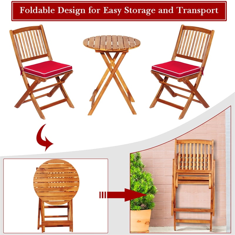 Pemberly Row 3PCS Patio Folding Bistro Set Cushioned Chair Conversation Red