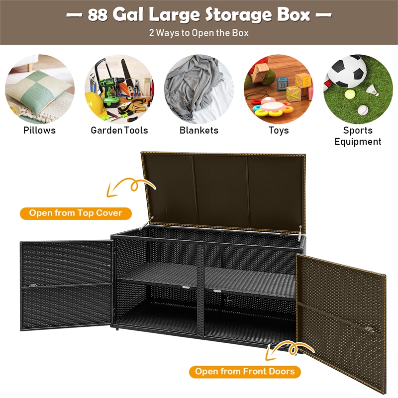 Pemberly Row 88 Gallon Garden Patio Rattan Storage Container Box Bin Shelf Black