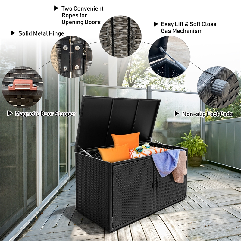 Pemberly Row 88 Gallon Garden Patio Rattan Storage Container Box Bin Shelf Black