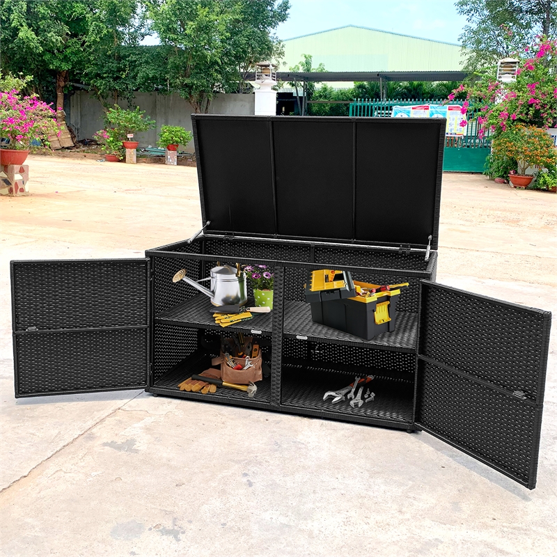 Pemberly Row 88 Gallon Garden Patio Rattan Storage Container Box Bin Shelf Black