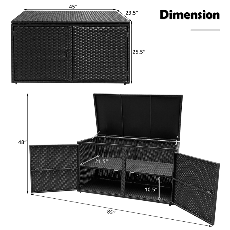 Pemberly Row 88 Gallon Garden Patio Rattan Storage Container Box Bin Shelf Black