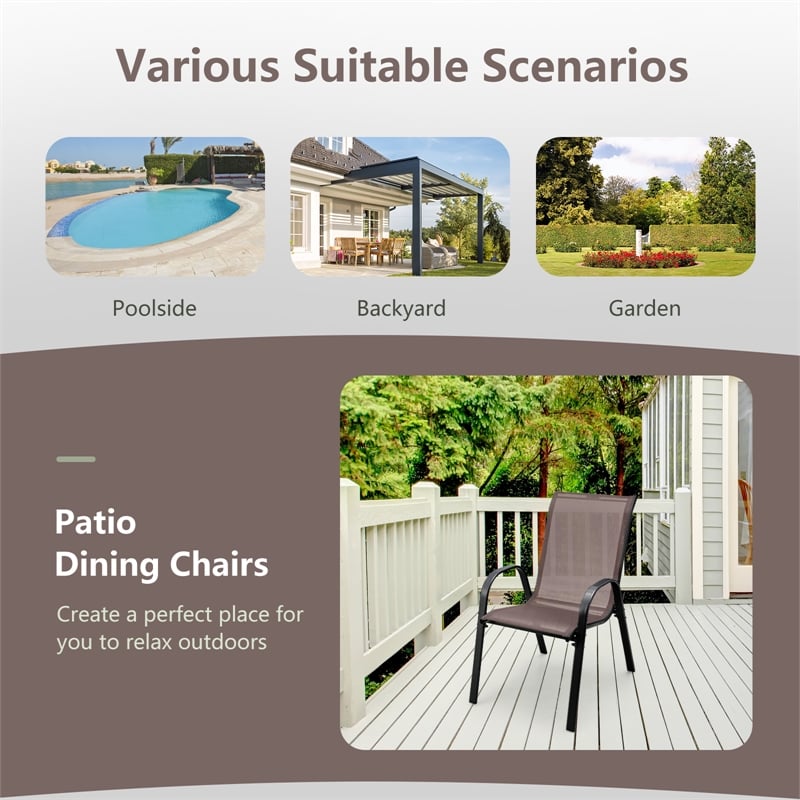 Pemberly Row Set of 4 Patio Dining Chairs Stackable Armrest in Brown
