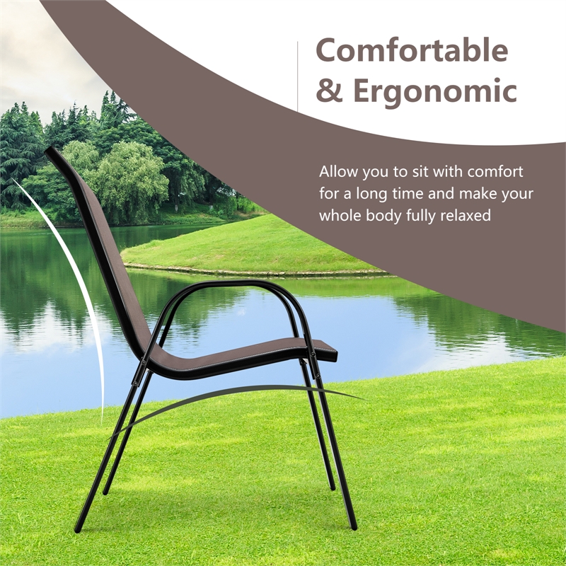 Pemberly Row Set of 4 Patio Dining Chairs Stackable Armrest in Brown