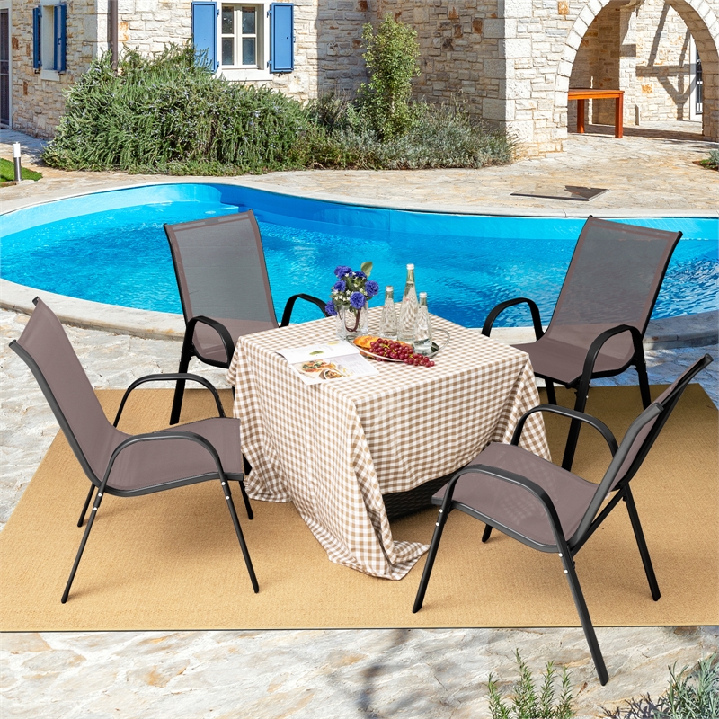 Pemberly Row Set of 4 Patio Dining Chairs Stackable Armrest in Brown