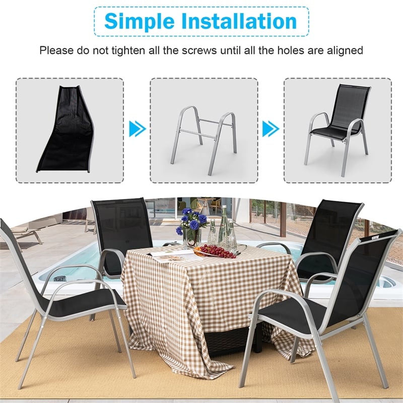 Pemberly Row Set of 4 Patio Dining Chairs Stackable Armrest in Black