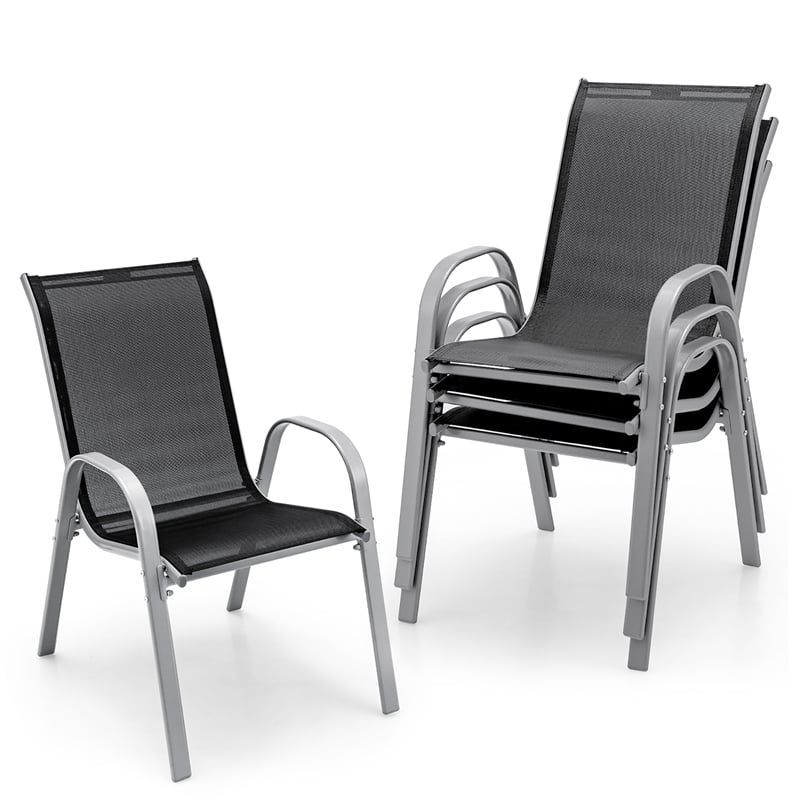 Pemberly Row Set of 4 Patio Dining Chairs Stackable Armrest in Black