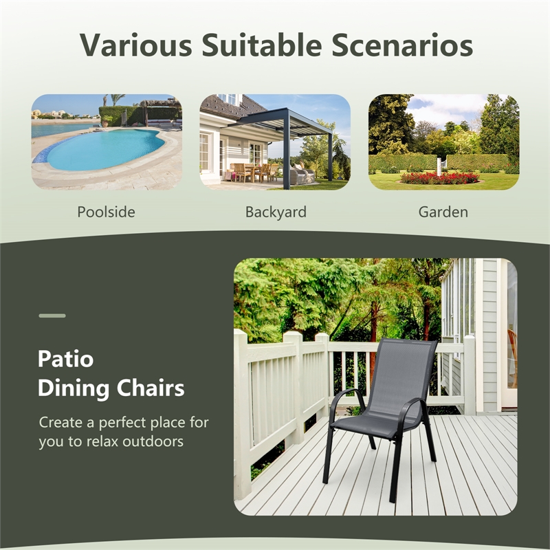 Pemberly Row Set of 4 Patio Dining Chairs Stackable Armrest in Gray