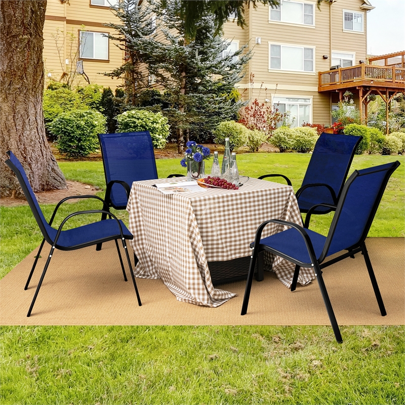 Pemberly Row Set of 4 Patio Dining Chairs Stackable Armrest in Navy
