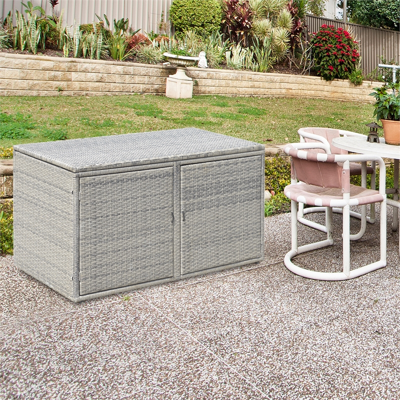 Pemberly Row 88 Gallon Garden Patio Rattan Storage Container Box Bin Shelf Gray