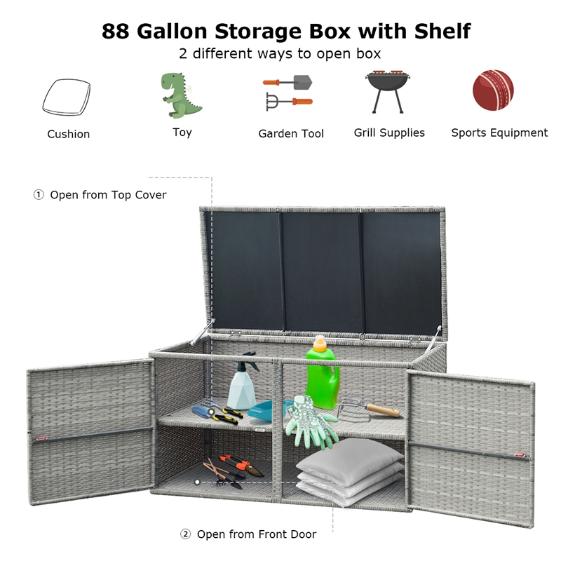 Pemberly Row 88 Gallon Garden Patio Rattan Storage Container Box Bin Shelf Gray