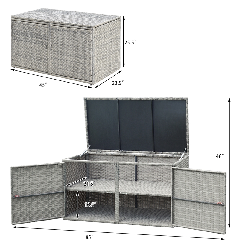 Pemberly Row 88 Gallon Garden Patio Rattan Storage Container Box Bin Shelf Gray
