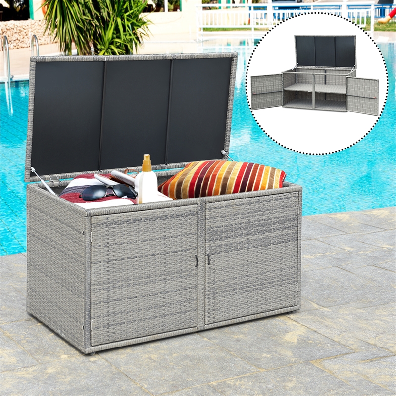 Pemberly Row 88 Gallon Garden Patio Rattan Storage Container Box Bin Shelf Gray