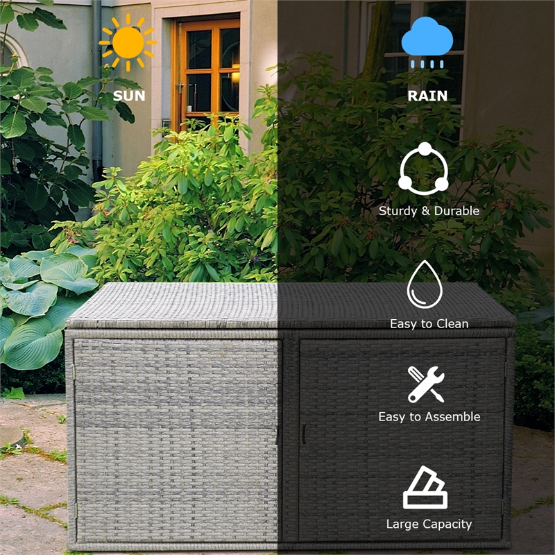 Pemberly Row 88 Gallon Garden Patio Rattan Storage Container Box Bin Shelf Gray