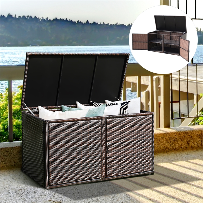 Pemberly Row 88 Gallon Garden Patio Rattan Storage Container Box Bin Shelf Brown