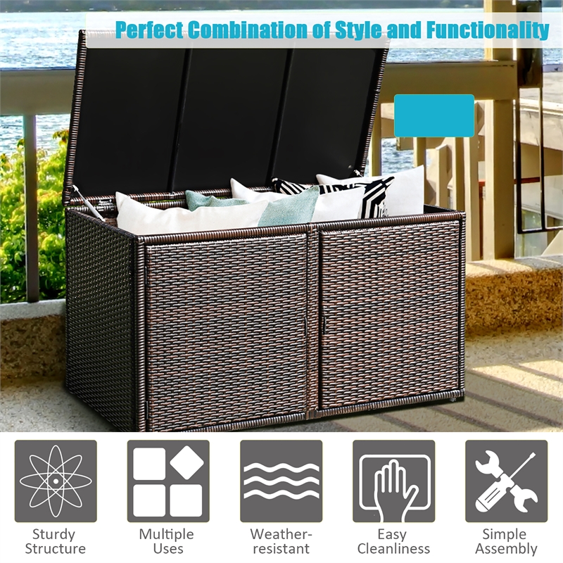 Pemberly Row 88 Gallon Garden Patio Rattan Storage Container Box Bin Shelf Brown