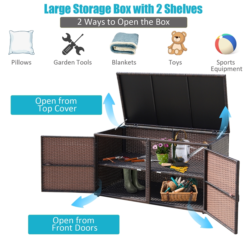 Pemberly Row 88 Gallon Garden Patio Rattan Storage Container Box Bin Shelf Brown