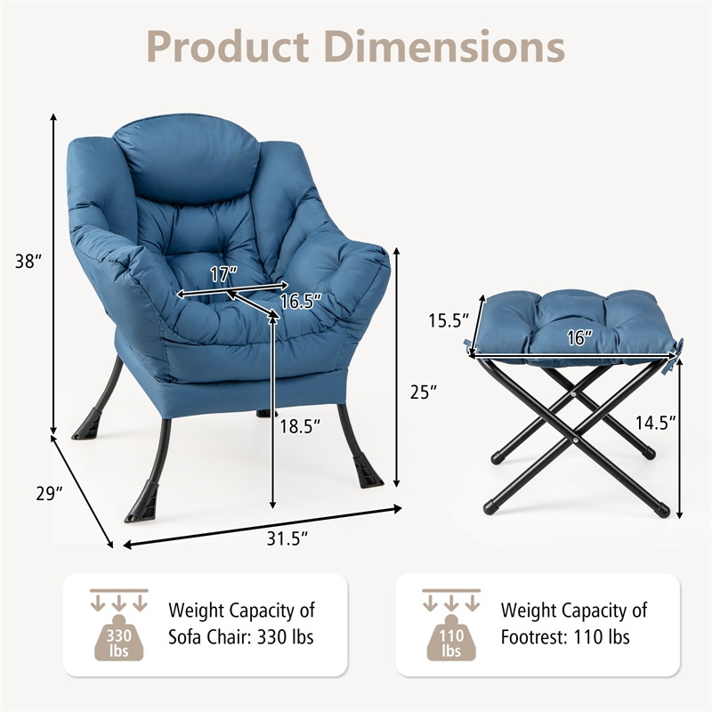 Pemberly Row Sofa Chair Accent Leisure Armchair with Folding Footrest Blue
