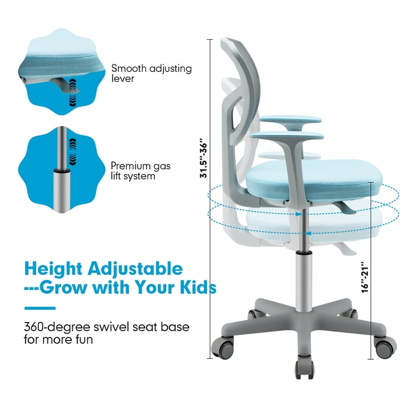 Pemberly Row Kids Height Children Study Chair w/Auto Brake Casters Blue