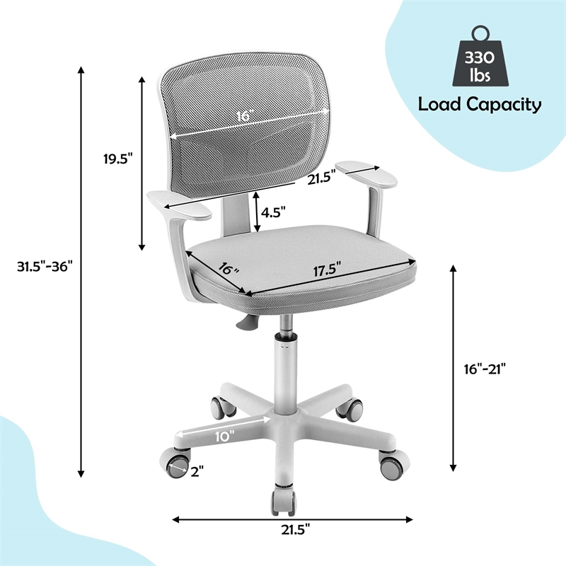 Pemberly Row Kids Height Children Study Chair w/Auto Brake Casters Gray