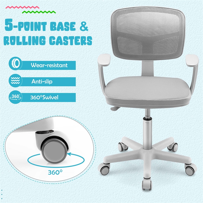 Pemberly Row Kids Height Children Study Chair w/Auto Brake Casters Gray
