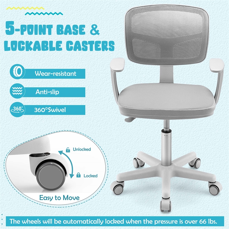 Pemberly Row Kids Height Children Study Chair w/Auto Brake Casters Gray