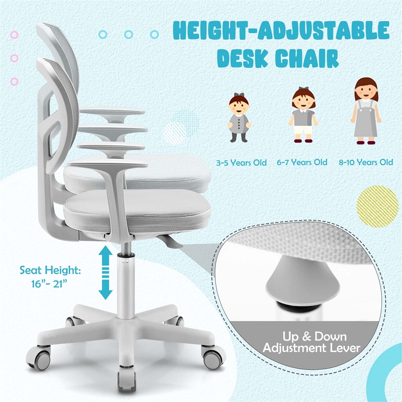 Pemberly Row Kids Height Children Study Chair w/Auto Brake Casters Gray