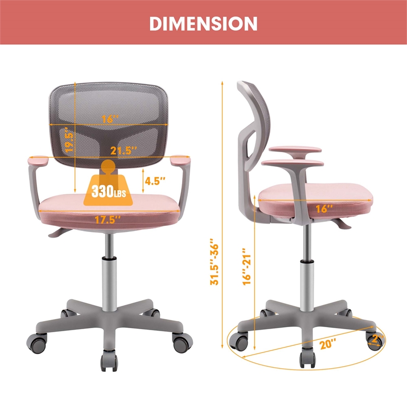 Pemberly Row Kids Height Children Study Chair w/Auto Brake Casters Pink