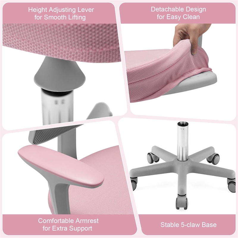 Pemberly Row Kids Height Children Study Chair w/Auto Brake Casters Pink