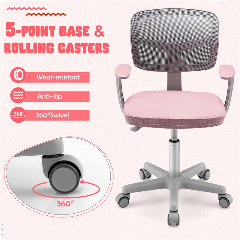 Pemberly Row Kids Height Children Study Chair w/Auto Brake Casters Pink