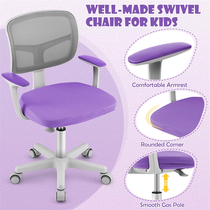 Pemberly Row Kids Height Children Study Chair w/Auto Brake Casters Purple