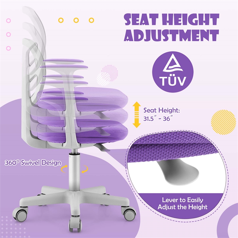Pemberly Row Kids Height Children Study Chair w/Auto Brake Casters Purple