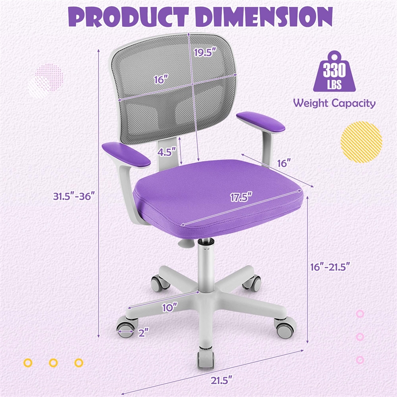 Pemberly Row Kids Height Children Study Chair w/Auto Brake Casters Purple