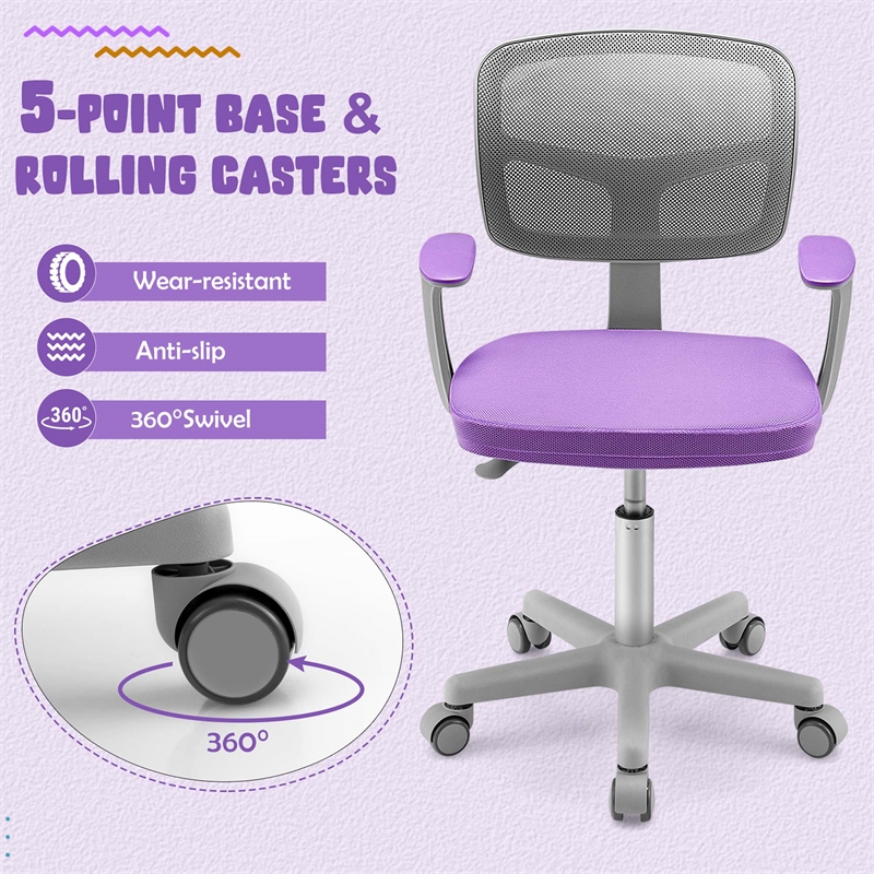 Pemberly Row Kids Height Children Study Chair w/Auto Brake Casters Purple