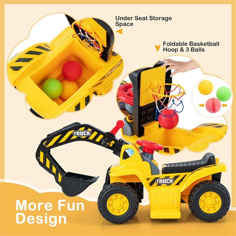 Pemberly Row Electric Kids Ride On Excavator Pretend Play Toy w/Basketball Hoop