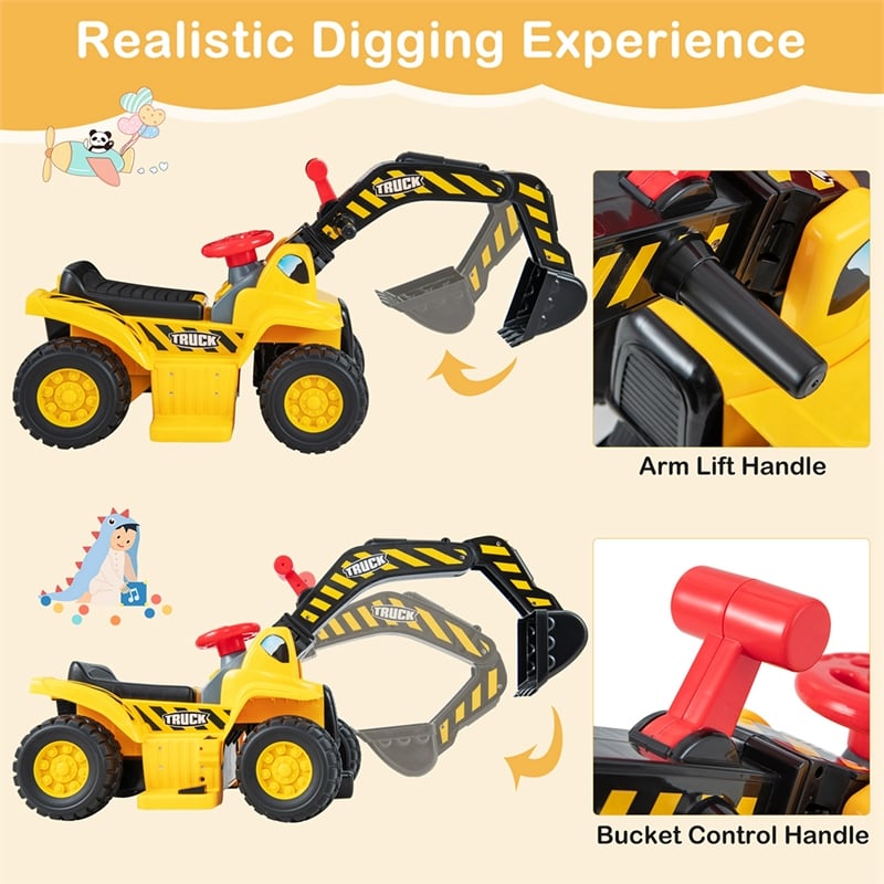 Pemberly Row Electric Kids Ride On Excavator Pretend Play Toy w/Basketball Hoop