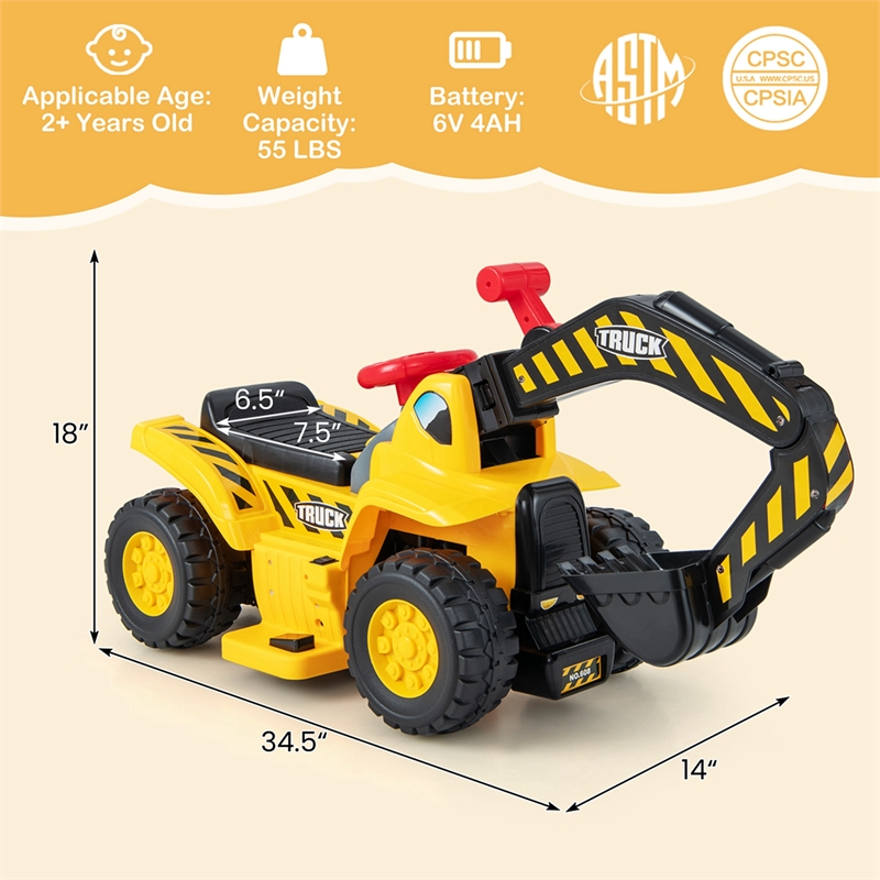 Pemberly Row Electric Kids Ride On Excavator Pretend Play Toy w/Basketball Hoop
