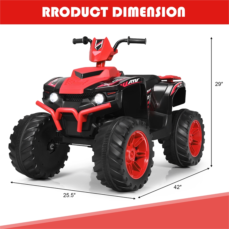 Pemberly Row 12V Kids 4 Wheeler ATV Quad Ride On Car w/ LED Lights Music USB Red