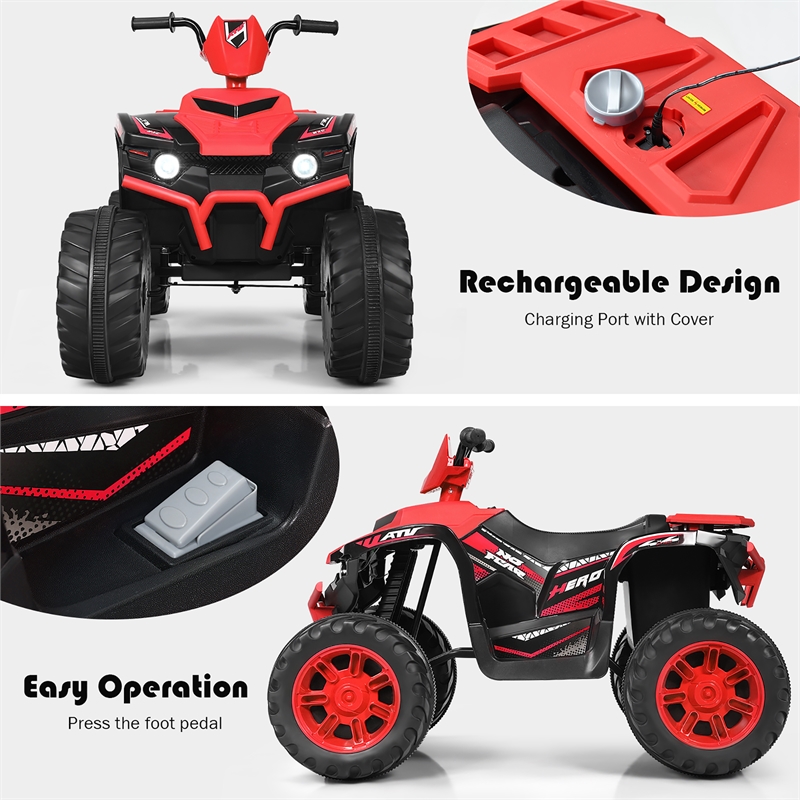 Pemberly Row 12V Kids 4 Wheeler ATV Quad Ride On Car w/ LED Lights Music USB Red