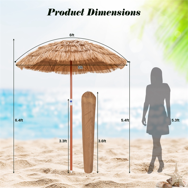 Pemberly Row Patio 6FT Tropical Thatched Beach Umbrella Portable Outdoor Natural
