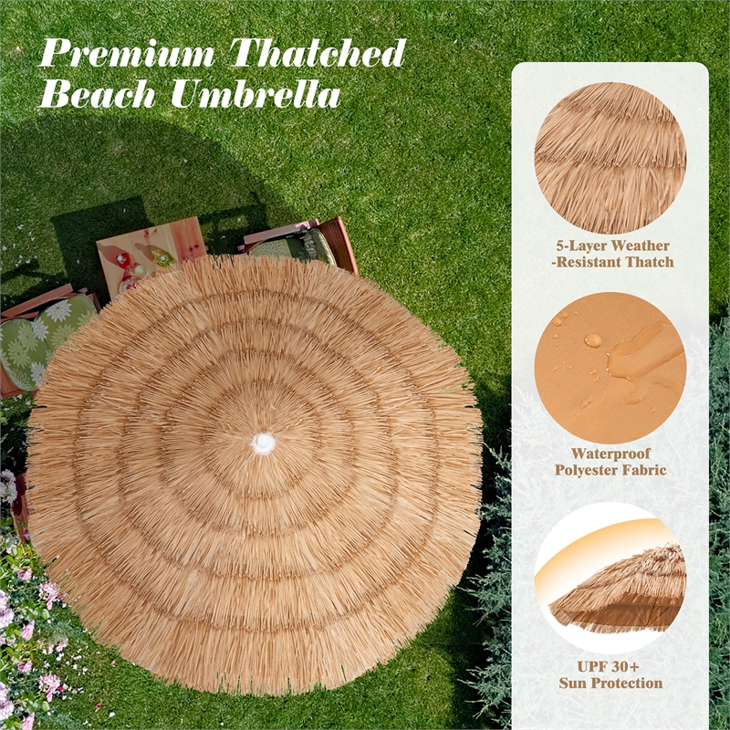 Pemberly Row Patio 6FT Tropical Thatched Beach Umbrella Portable Outdoor Natural