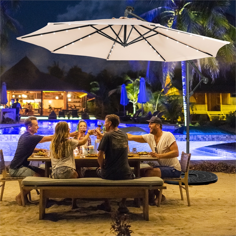 Pemberly Row Solar Powered 32LED Lighted Patio Offset Umbrella Outdoor Beige