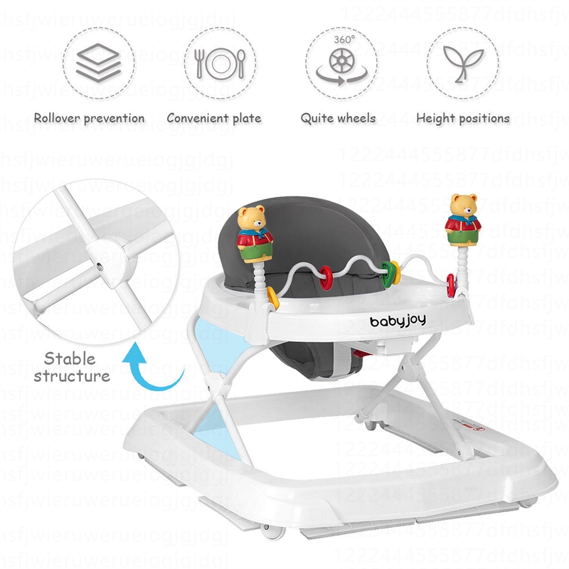 Pemberly Row Walker Adjustable Height Removable Toy Wheels Folding Portable Gray