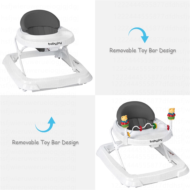 Pemberly Row Walker Adjustable Height Removable Toy Wheels Folding Portable Gray