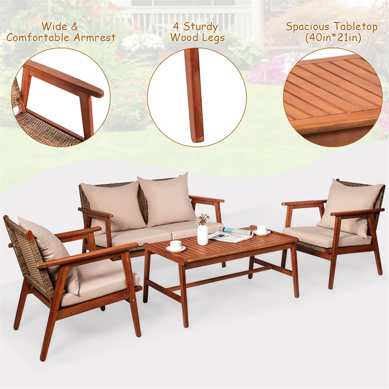 Pemberly Row 4PCS Outdoor Set Acacia Wood Table Cushioned Sofa Chair Brown
