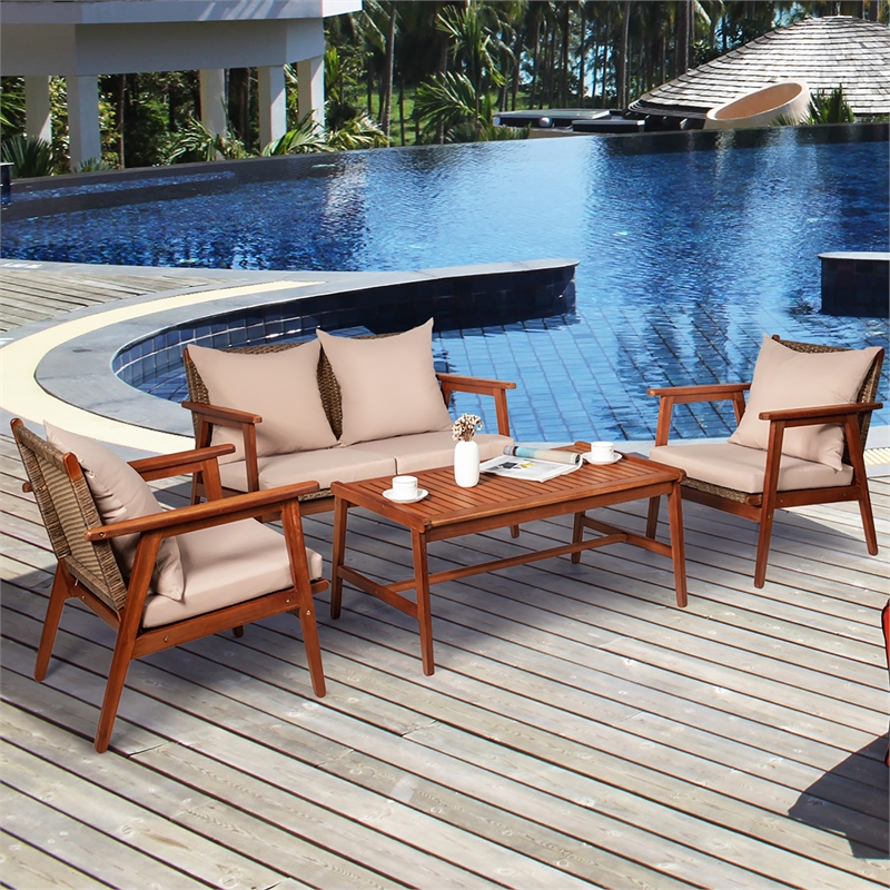 Pemberly Row 4PCS Outdoor Set Acacia Wood Table Cushioned Sofa Chair Brown
