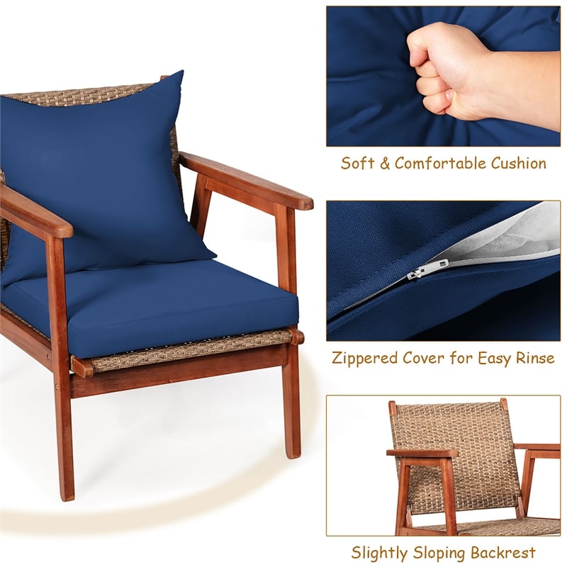 Pemberly Row 4PCS Outdoor Rattan Set Acacia Wood Table Cushioned Sofa Chair Navy