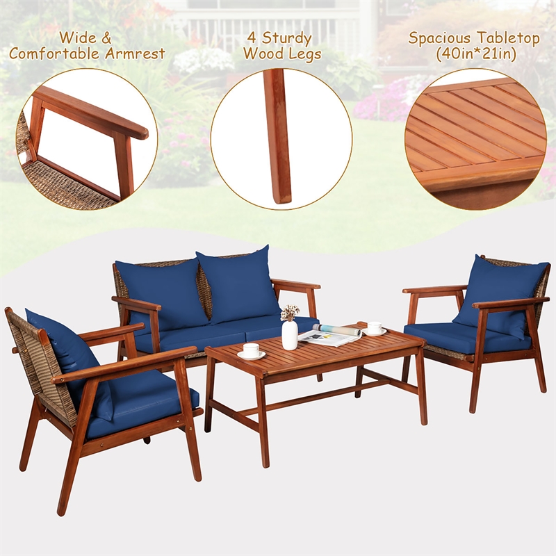 Pemberly Row 4PCS Outdoor Rattan Set Acacia Wood Table Cushioned Sofa Chair Navy